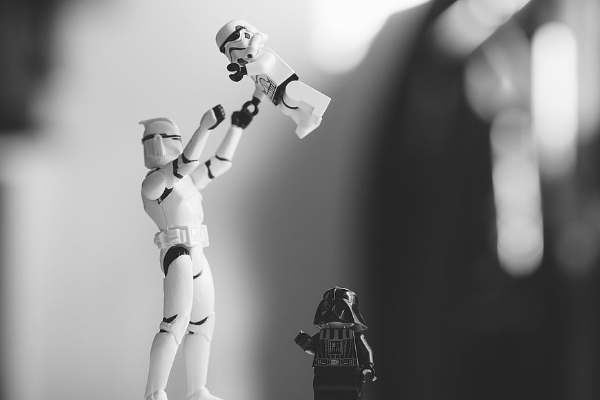 Black and white close-up of Lego Star Wars figures in a dramatic scene