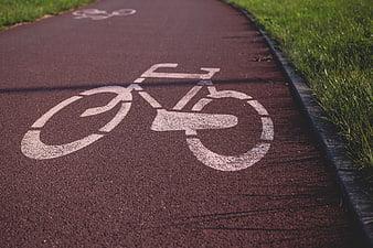 Red bicycle path with white bike symbol and green grass