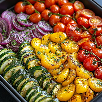 Colorful Roasted Vegetables on Baking Sheet