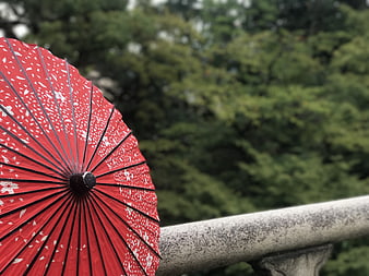 Red Japanese Umbrella on Stone Bridge with Green Background