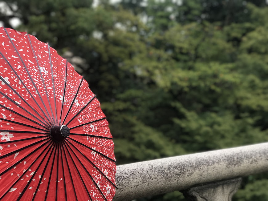 Red Japanese Umbrella on Stone Bridge with Green Background