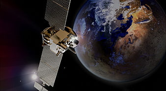 Space probe orbiting Mars with solar panels