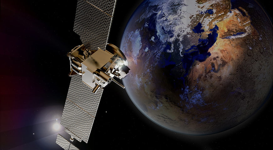 Space probe orbiting Mars with solar panels