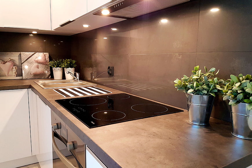 Modern Kitchen Interior with Induction Cooktop and Plants