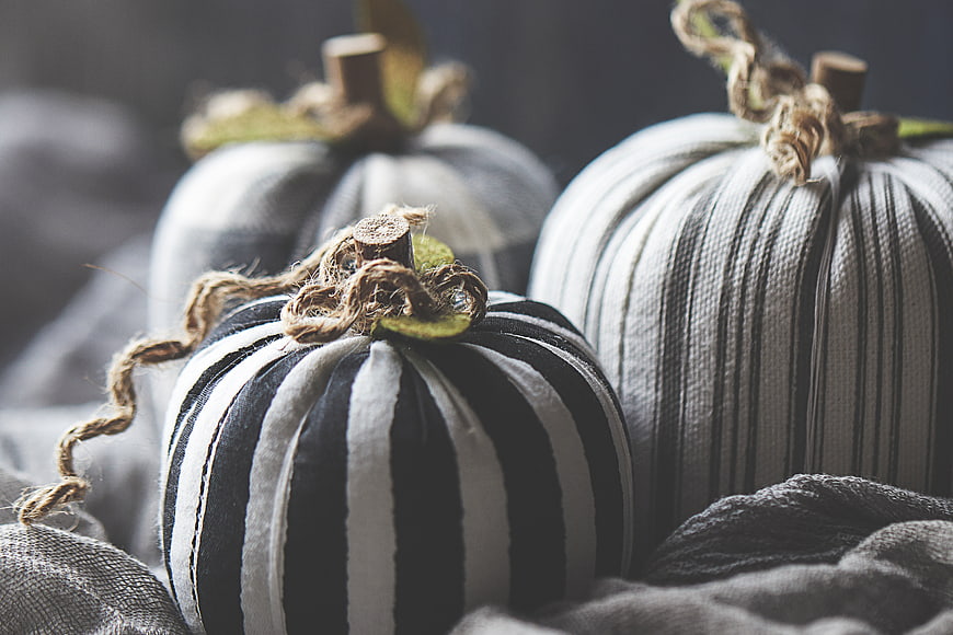 Black and White Striped Fabric Pumpkins on Gray Linen