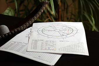 Astrological birth chart and zodiac symbols on dark table