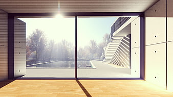 Modern Interior View of Pool and Architecture Through Glass Doors