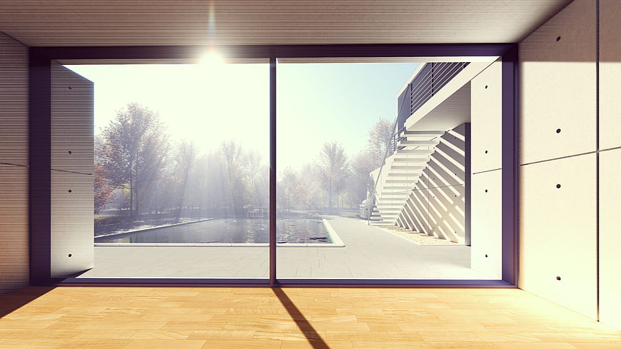 Modern Interior View of Pool and Architecture Through Glass Doors