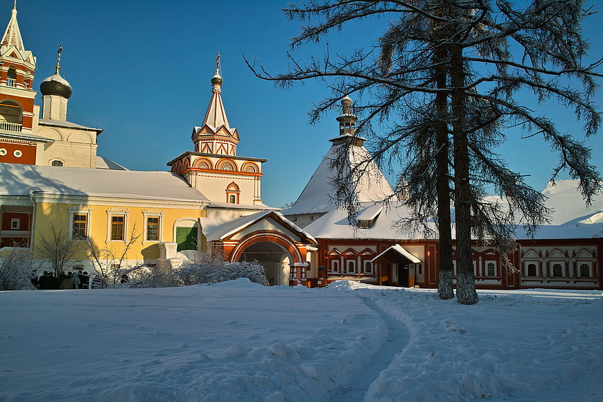 Snowy Russian Orthodox Church Complex in Winter