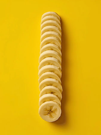 Vertical Stack of Sliced Bananas on Yellow Background