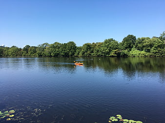 Kayaking on a serene lake with lush green trees and blue sky