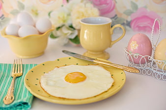 Easter Breakfast With Fried Egg, Pastel Eggs, And Vintage Tableware