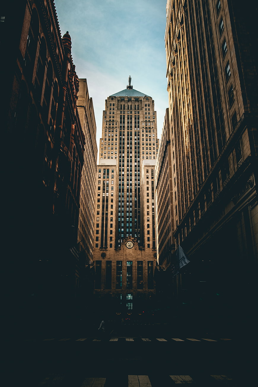 Low angle view of Chicago Board of Trade skyscraper