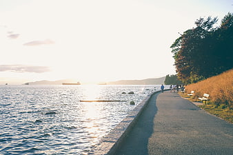 People walking on coastal path at sunset with ocean view