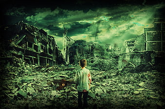 Child standing alone in destroyed war-torn city ruins