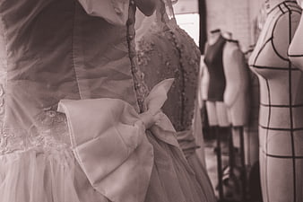 Close-up of wedding dress details in a boutique