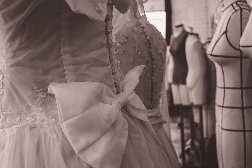 Close-up of wedding dress details in a boutique