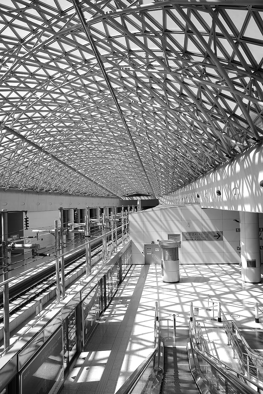 Black and White Architecture of Modern Train Station Roof