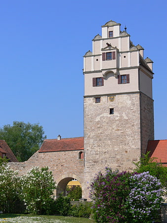 Historic Nördlinger Gate Tower in Bavaria with Lilacs