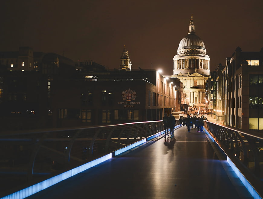 Night view of St Paul's Cathedral from Millennium Bridge London