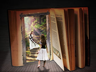 Woman Stepping Into Fantasy Forest Through Giant Open Book