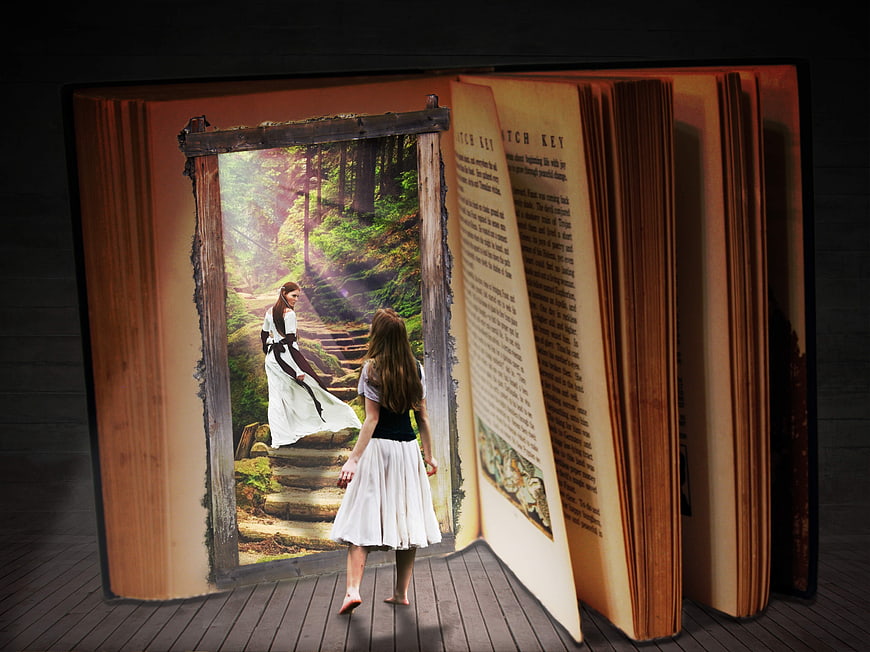 Woman Stepping Into Fantasy Forest Through Giant Open Book