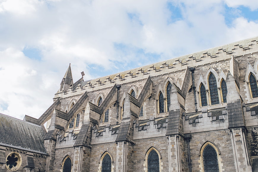 Low angle view of historic Gothic cathedral architecture