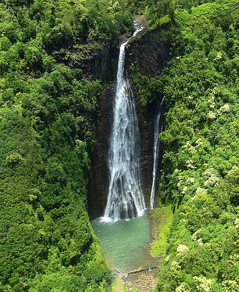 Aerial View of Tall Waterfall in Lush Green Tropical Forest