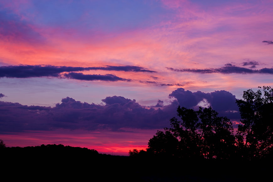 Vibrant Pink and Purple Sunset Sky Over Silhouetted Trees