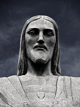 Black and white close-up of Christ the Redeemer statue face