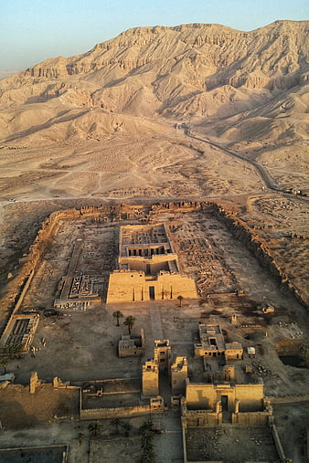 Aerial View of Ancient Egyptian Temple Ruins in Desert
