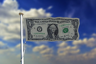 One Dollar Bill Flying as Flag Against Blue Sky