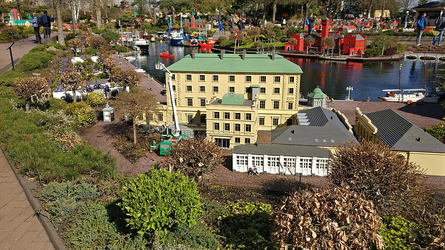 Miniature yellow building model in Legoland Denmark park