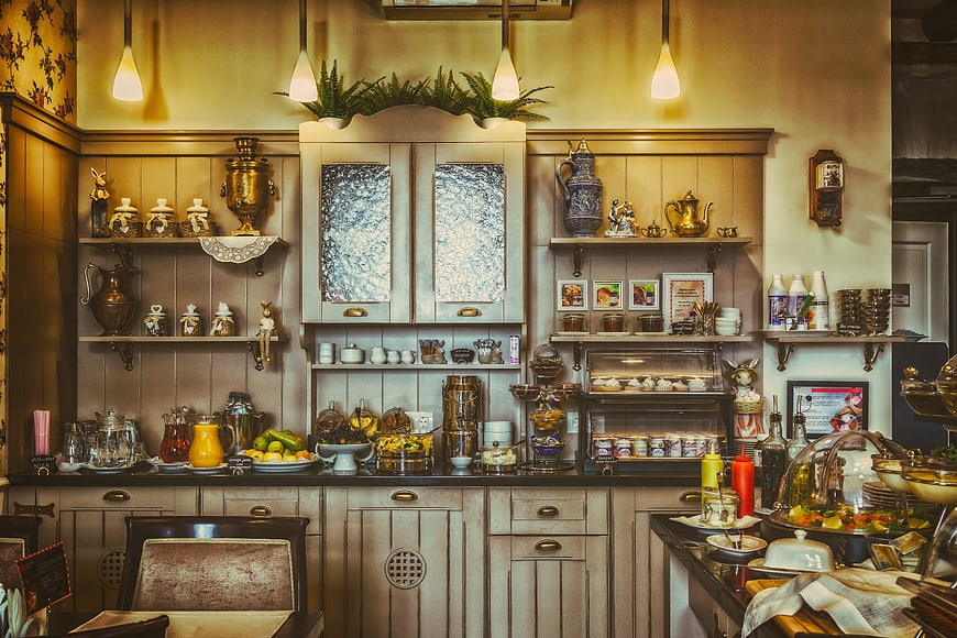 Vintage Hotel Breakfast Buffet With Fruit And Pastries