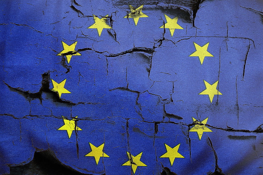 Cracked European Union Flag Symbolizing Political Crisis