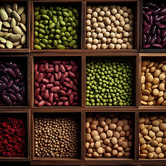Top View of Assorted Dried Beans and Legumes in Wooden Compartments