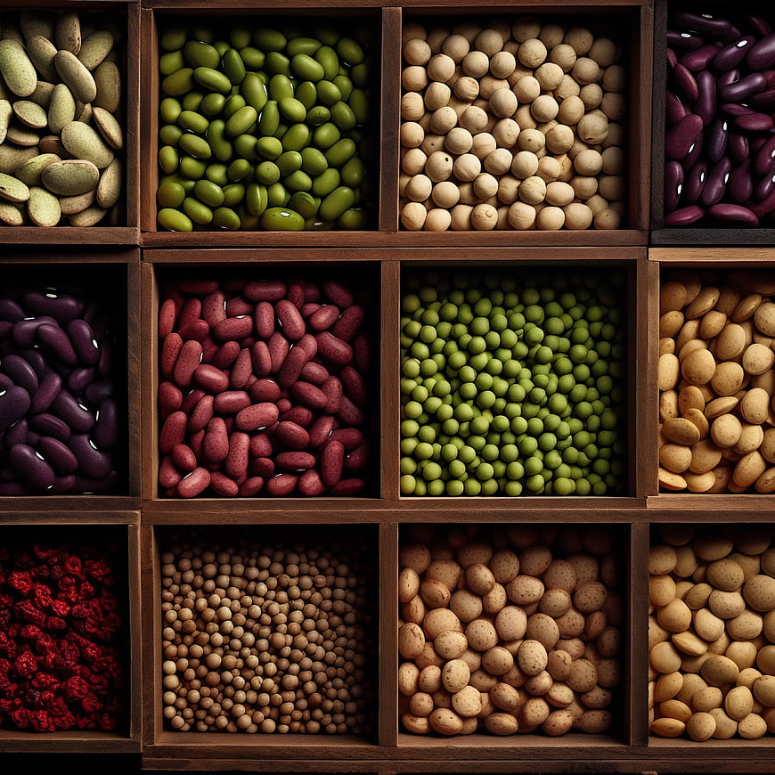 Top View of Assorted Dried Beans and Legumes in Wooden Compartments