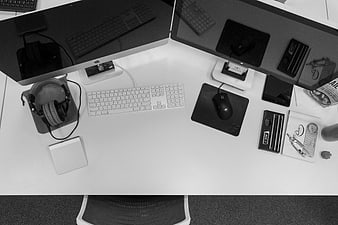Minimalist Black and White Dual Monitor Workspace Setup