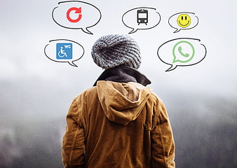 Person thinking with digital icons and speech bubbles