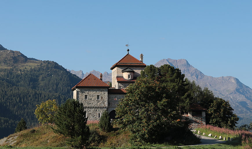 Castello Crap da Sass in the Swiss Alps with mountain backdrop