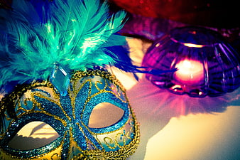 Blue Venetian Masquerade Mask with Feathers and Candle