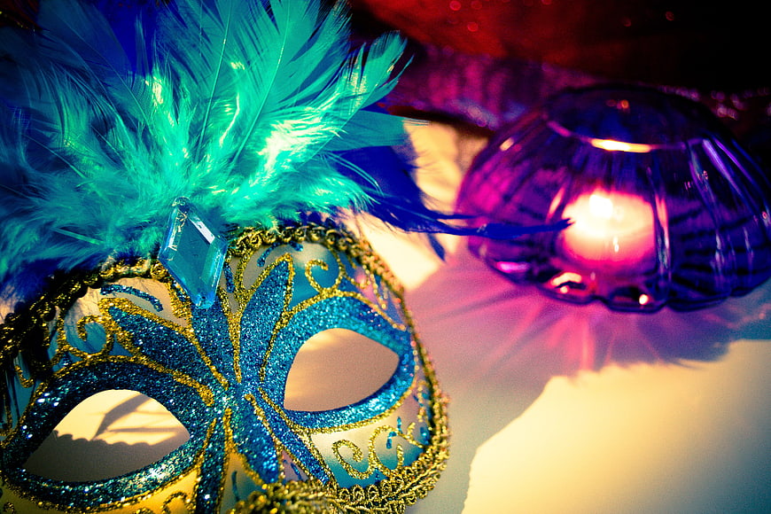 Blue Venetian Masquerade Mask with Feathers and Candle