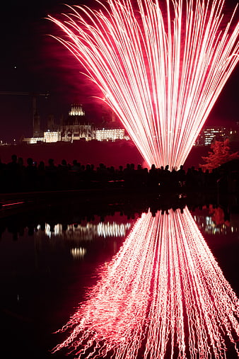 Red fireworks exploding over Budapest Parliament at night
