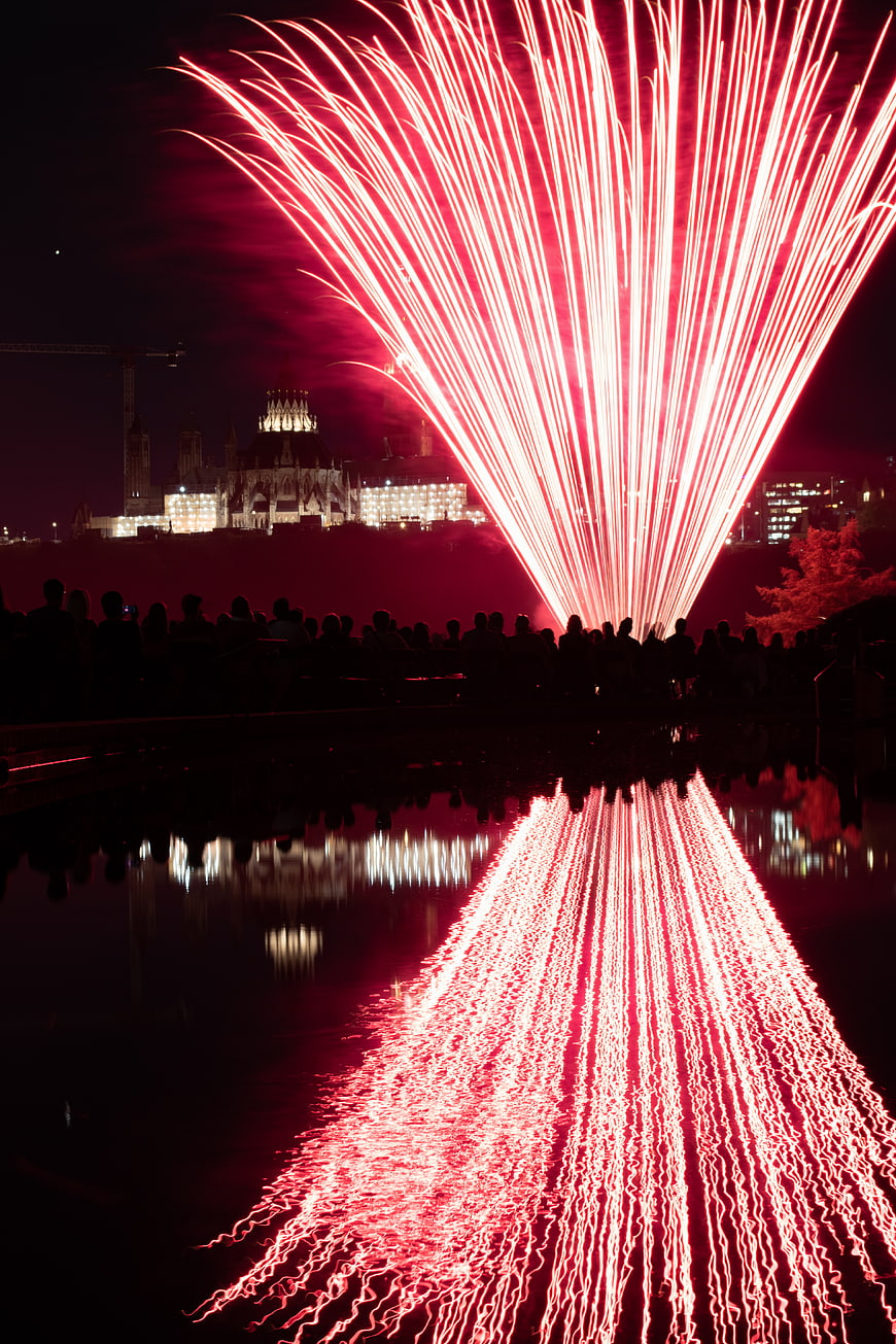 Red fireworks exploding over Budapest Parliament at night