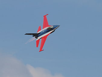 Red and Blue Jet Plane Performing Aerial Maneuver in Sky