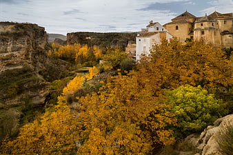 Autumn landscape of Ronda, Spain with golden trees and historic architecture