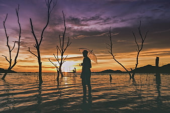 Silhouette of Person with Umbrella in Flooded Forest at Sunset