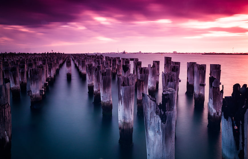 Long Exposure Sunset at Princes Pier Melbourne with Wooden Piles