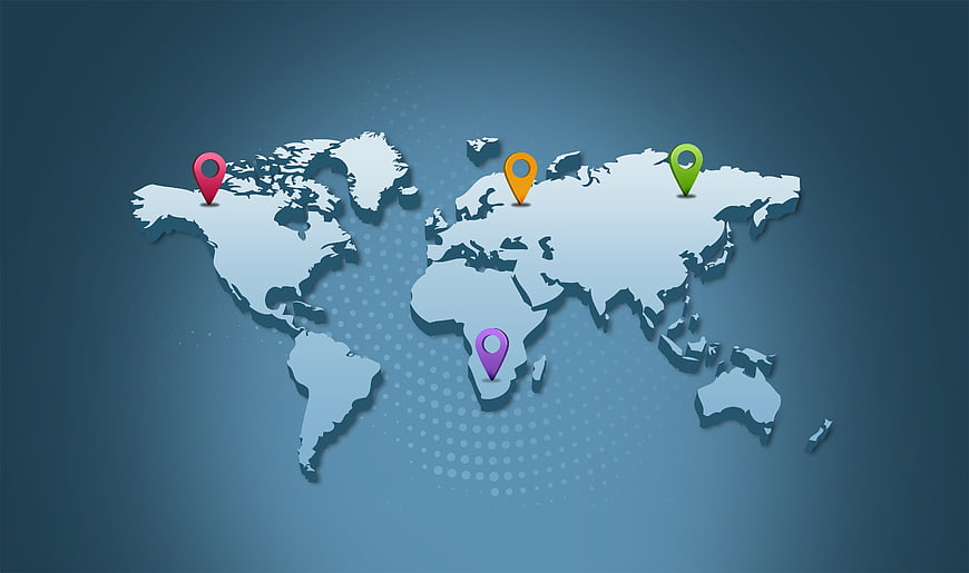 3D World Map With Colorful Location Pins On Blue Background