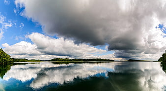 Panoramic Lake Landscape with Dramatic Cloud Reflections
